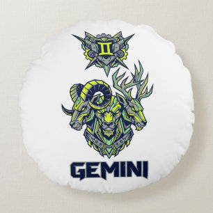 Gemini Zodiac Sign Cyber Mechanical Mecha Beast Round Cushion