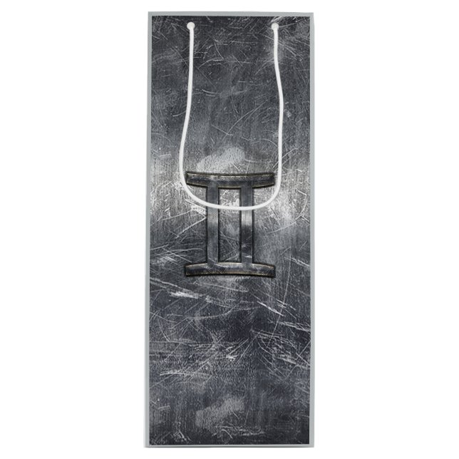 Gemini Zodiac Sign Grunge Distressed Silver Wine Gift Bag (Front)