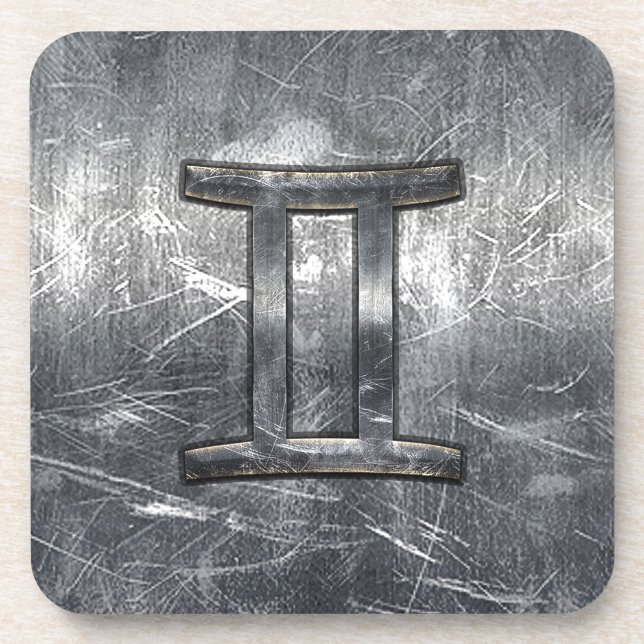 Gemini Zodiac Sign in Industrial Steel Style Coaster (Front)