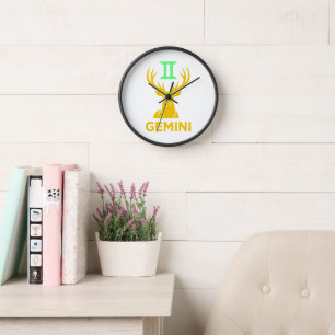 Gemini Zodiac Sign Minimalist Gold Stag Black Clock