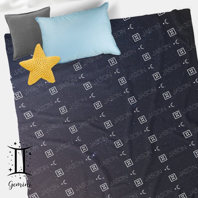 Gemini Zodiac Sign Name Constellation Astrology Fleece Blanket (Gemini Zodiac Sign Symbol Personalized Repeating Name Seamless Pattern Starry Night Sky Moon 
)