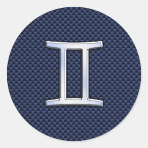 Gemini Zodiac Sign on Blue Carbon Fibre Style Classic Round Sticker