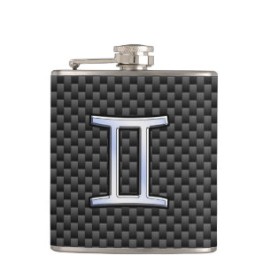 Gemini Zodiac Sign on Charcoal Carbon Fibre Print Hip Flask