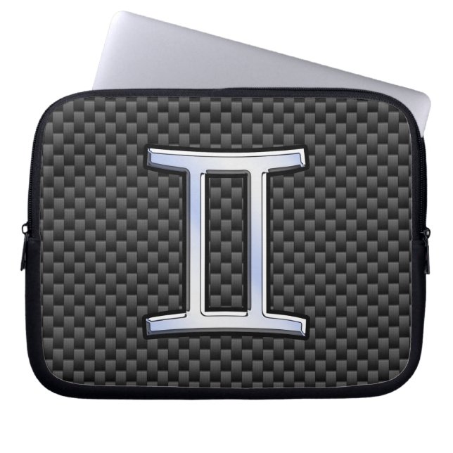 Gemini Zodiac Sign on Charcoal Carbon Fibre Print Laptop Sleeve (Front)