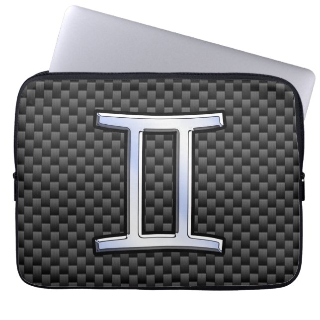 Gemini Zodiac Sign on Charcoal Carbon Fibre Print Laptop Sleeve (Front)