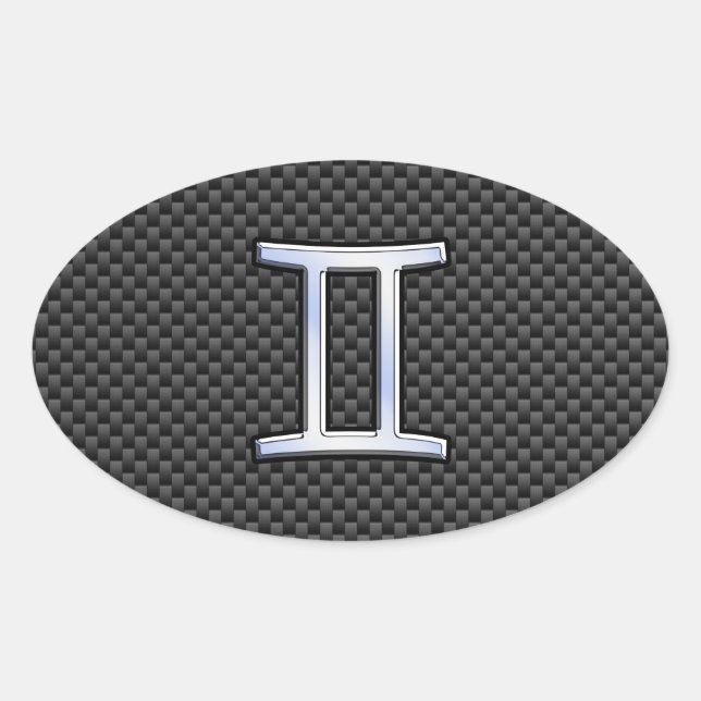 Gemini Zodiac Sign on Charcoal Carbon Fibre Print Oval Sticker (Front)