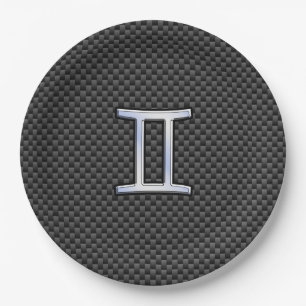 Gemini Zodiac Sign on Charcoal Carbon Fibre Print Paper Plate