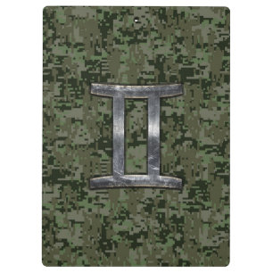 Gemini Zodiac Sign on Green Digital Camo Clipboard