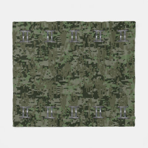 Gemini Zodiac Sign on Green Digital Camo Fleece Blanket