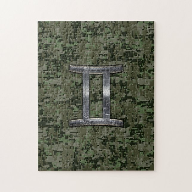 Gemini Zodiac Sign on Green Digital Camo Jigsaw Puzzle (Vertical)