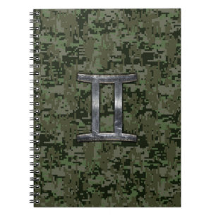 Gemini Zodiac Sign on Green Digital Camo Notebook