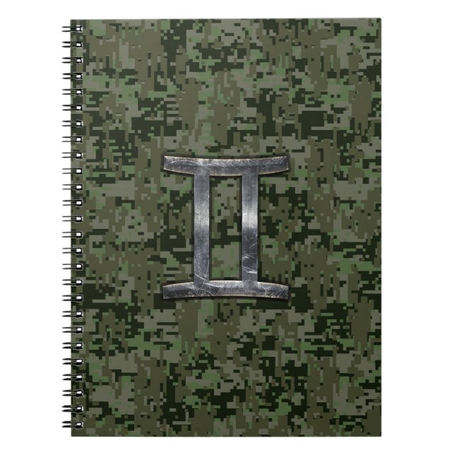 Gemini Zodiac Sign on Green Digital Camo Notebook (Front)