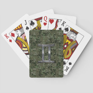 Gemini Zodiac Sign on Green Digital Camo Playing Cards