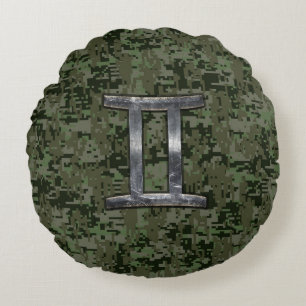 Gemini Zodiac Sign on Green Digital Camo Round Cushion