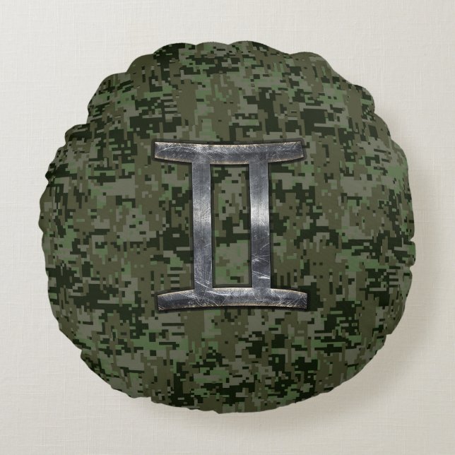 Gemini Zodiac Sign on Green Digital Camo Round Cushion (Front)