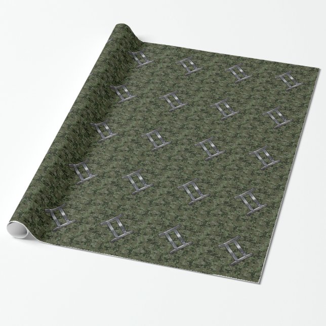 Gemini Zodiac Sign on Green Digital Camouflage Wrapping Paper (Unrolled)