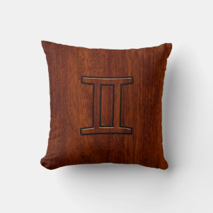 Gemini Zodiac Sign on Mahogany Wood Style Cushion