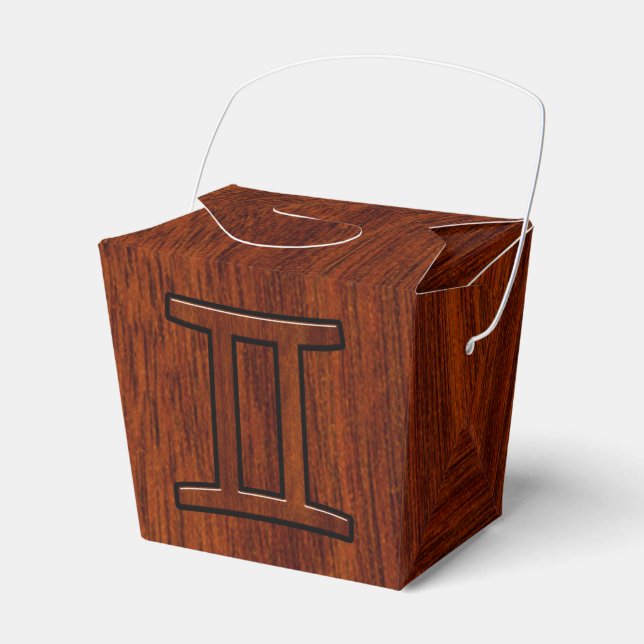 Gemini Zodiac Sign on Mahogany Wood Style Favour Box (Front Side)