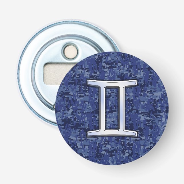 Gemini Zodiac Sign on Navy Blue Digital Camo Bottle Opener (Front)