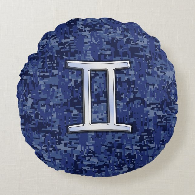 Gemini Zodiac Sign on Navy Blue Digital Camo Round Cushion (Front)
