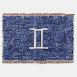 Gemini Zodiac Sign on Navy Blue Digital Camo Throw Blanket