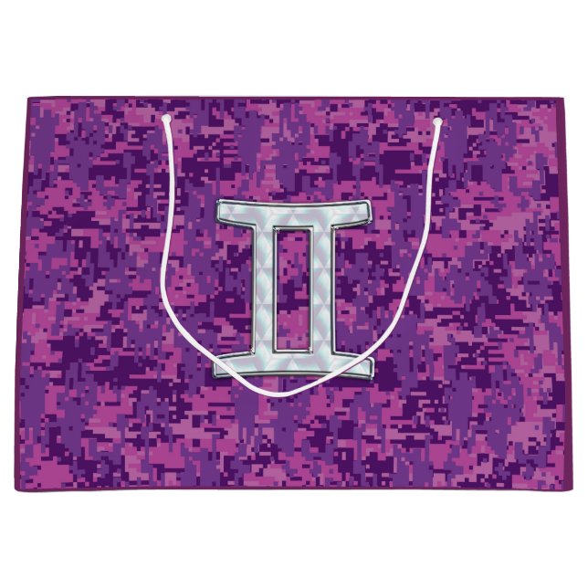 Gemini Zodiac Sign on Pink Digital Camo Large Gift Bag (Front)