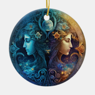 Gemini Zodiac Sign Watercolor Design Ceramic Ornament