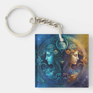 Gemini Zodiac Sign Watercolor Design Key Ring