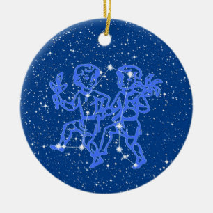Gemini Zodiac Sign with Stars on Deep Blue Ceramic Ornament