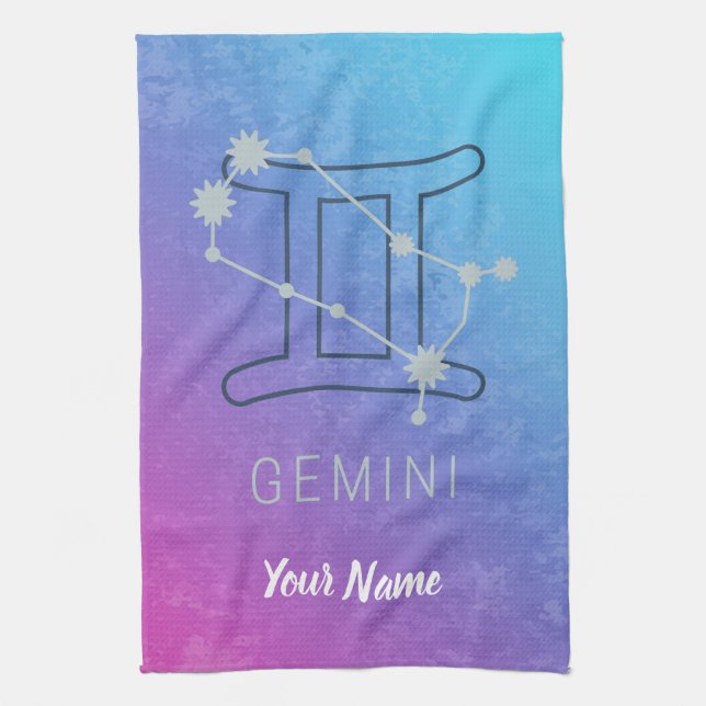 Gemini Zodiac Star Sign Watercolor Horoscope Tea Towel (Vertical)