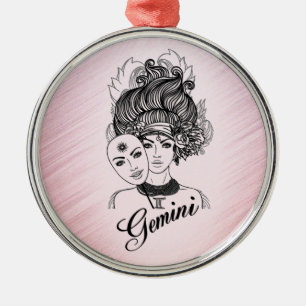 Gemini Zodiac Symbol and Sign Pink Metal Ornament