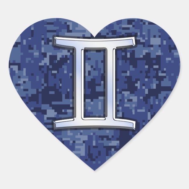 Gemini Zodiac Symbol Blue Digital Camouflage Heart Sticker (Front)