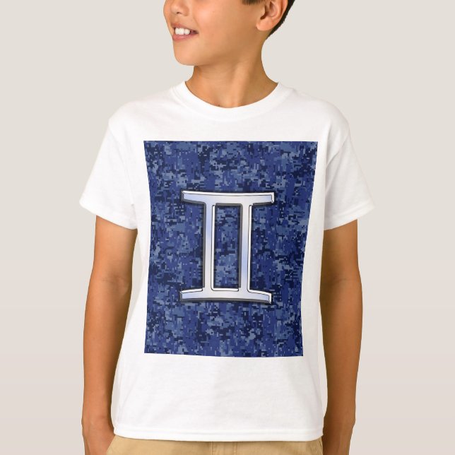 Gemini Zodiac Symbol Blue Digital Camouflage T-Shirt (Front)