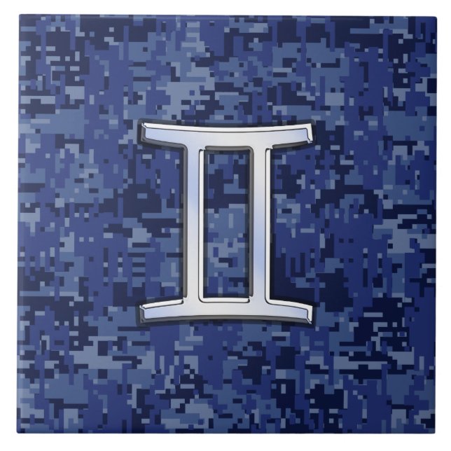 Gemini Zodiac Symbol Blue Digital Camouflage Tile (Front)