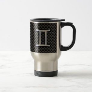 Gemini Zodiac Symbol Charcoal Carbon Fibre Style Travel Mug