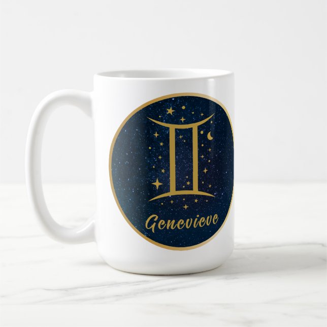 Gemini zodiac symbol gold blue stars personalised coffee mug (Left)