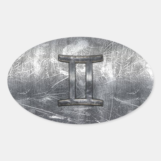Gemini Zodiac Symbol in Grunge Distressed Style Oval Sticker (Front)