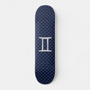 Gemini Zodiac Symbol Navy Blue Carbon Fibre Print Skateboard