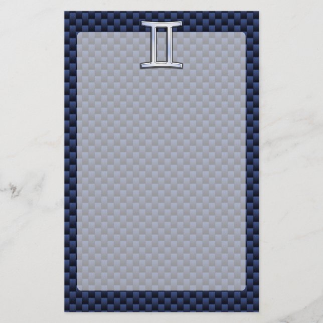 Gemini Zodiac Symbol Navy Blue Carbon Fibre Print Stationery (Front)