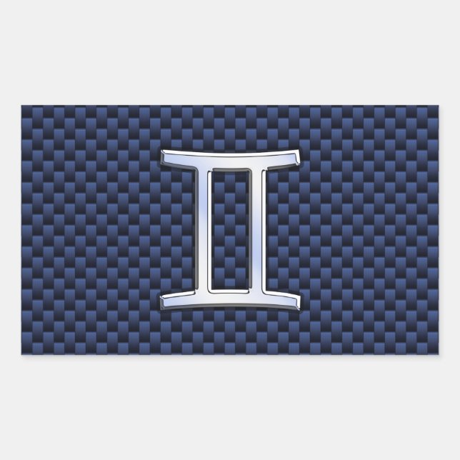 Gemini Zodiac Symbol Navy Blue Carbon Fibre Style Rectangular Sticker (Front)