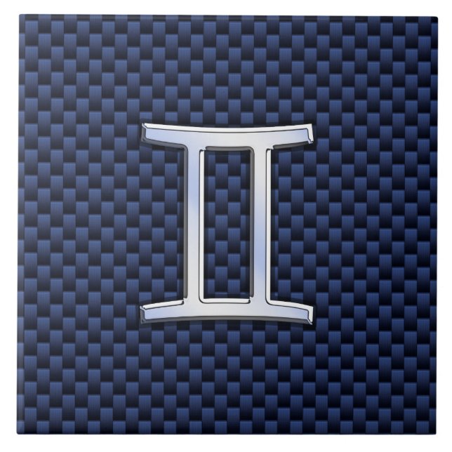 Gemini Zodiac Symbol Navy Blue Carbon Fibre Style Tile (Front)