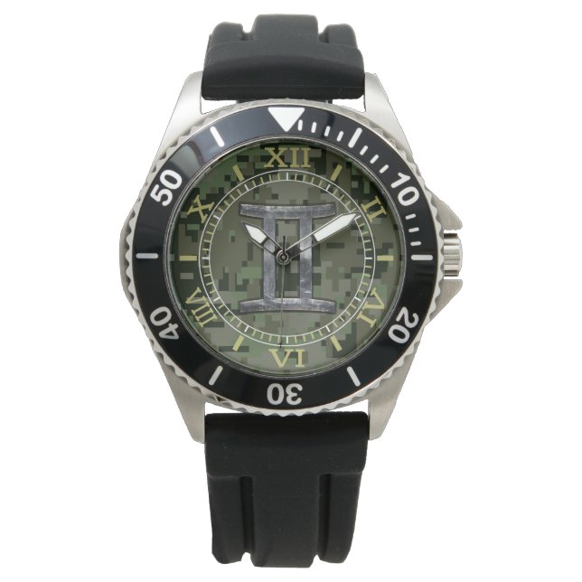 Gemini Zodiac Symbol on Green Camouflage Dial Watch (Front)