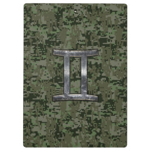 Gemini Zodiac Symbol on Green Digital Camo Clipboard
