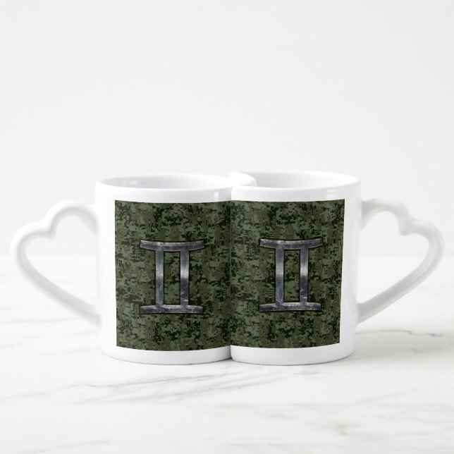Gemini Zodiac Symbol on Green Digital Camo Coffee Mug Set (Front Nesting)