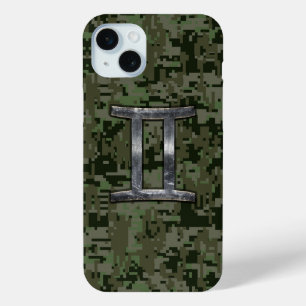 Gemini Zodiac Symbol on Green Digital Camouflage iPhone 15 Mini Case