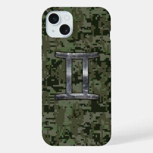 Gemini Zodiac Symbol on Green Digital Camouflage iPhone 15 Plus Case