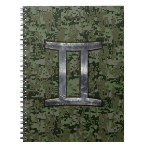 Gemini Zodiac Symbol on Green Digital Camouflage Notebook