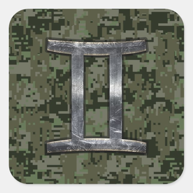 Gemini Zodiac Symbol on Green Digital Camouflage Square Sticker (Front)
