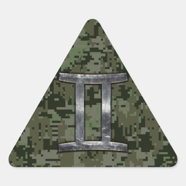 Gemini Zodiac Symbol on Green Digital Camouflage Triangle Sticker (Front)