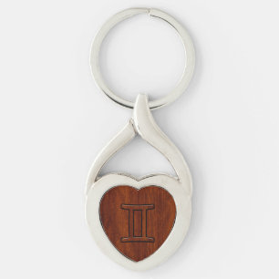 Gemini Zodiac Symbol on Mahogany like Decor Key Ring
